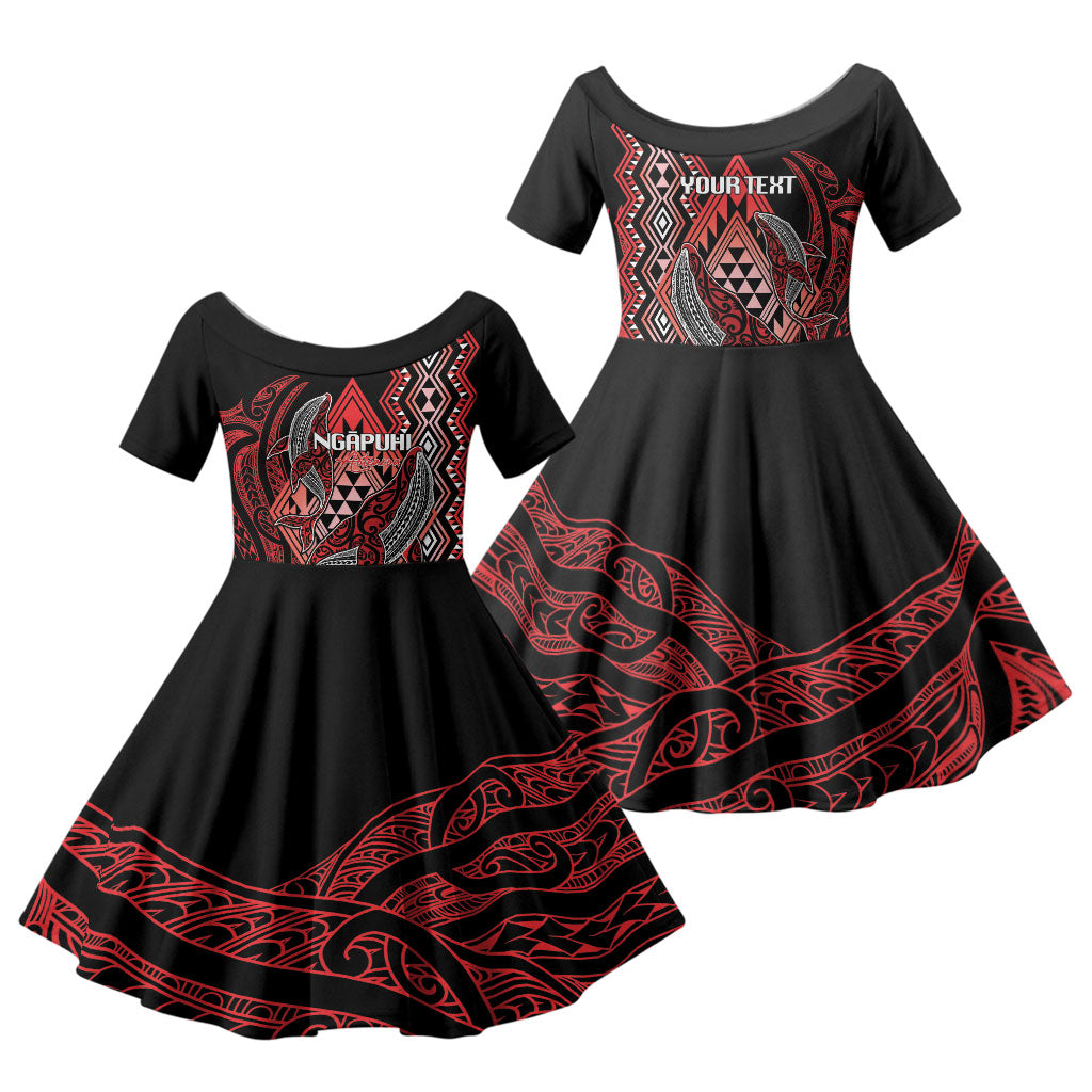 Aotearoa Iwi Ngapuhi Personalised Family Matching Off Shoulder Short Dress and Hawaiian Shirt NZ Maori Humpback Whale Taniko Motifs LT14 Daughter's Dress Red - Polynesian Pride