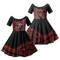 Aotearoa Iwi Ngapuhi Personalised Family Matching Off Shoulder Short Dress and Hawaiian Shirt NZ Maori Humpback Whale Taniko Motifs LT14 Daughter's Dress Red - Polynesian Pride