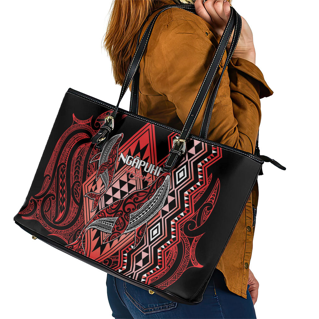 Aotearoa Iwi Ngapuhi Leather Tote Bag NZ Maori Humpback Whale Taniko Motifs LT14 - Polynesian Pride