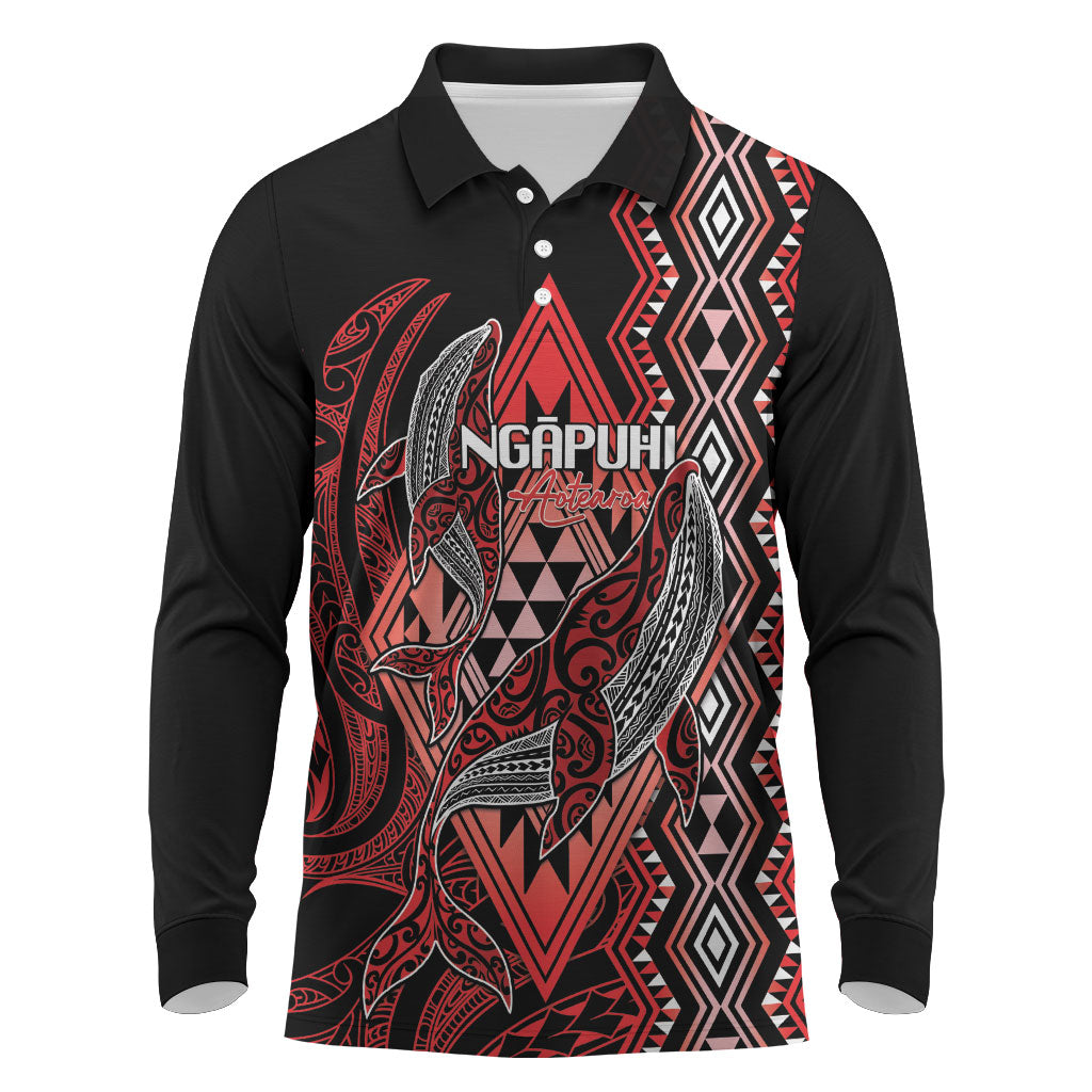 Aotearoa Iwi Ngapuhi Personalised Long Sleeve Polo Shirt NZ Maori Humpback Whale Taniko Motifs LT14 Red - Polynesian Pride