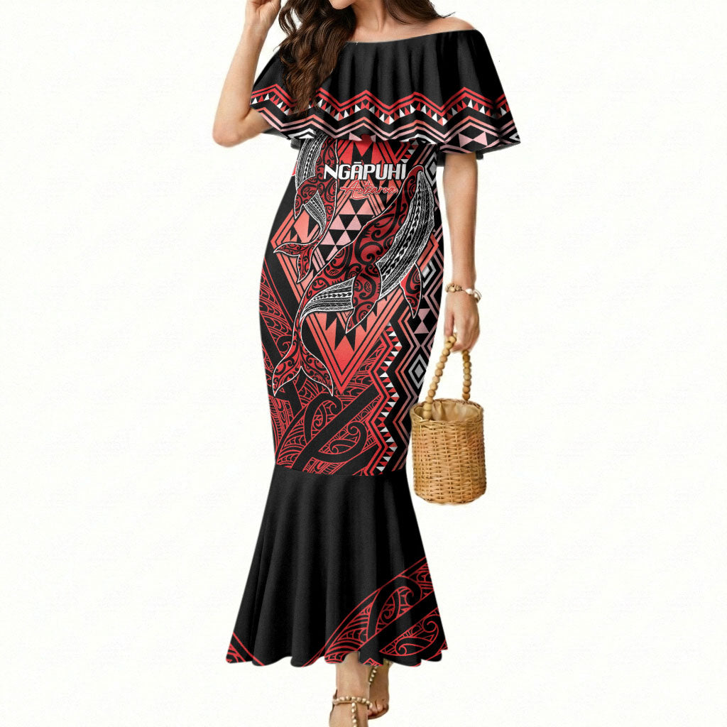 Aotearoa Iwi Ngapuhi Personalised Mermaid Dress NZ Maori Humpback Whale Taniko Motifs LT14 Women Red - Polynesian Pride