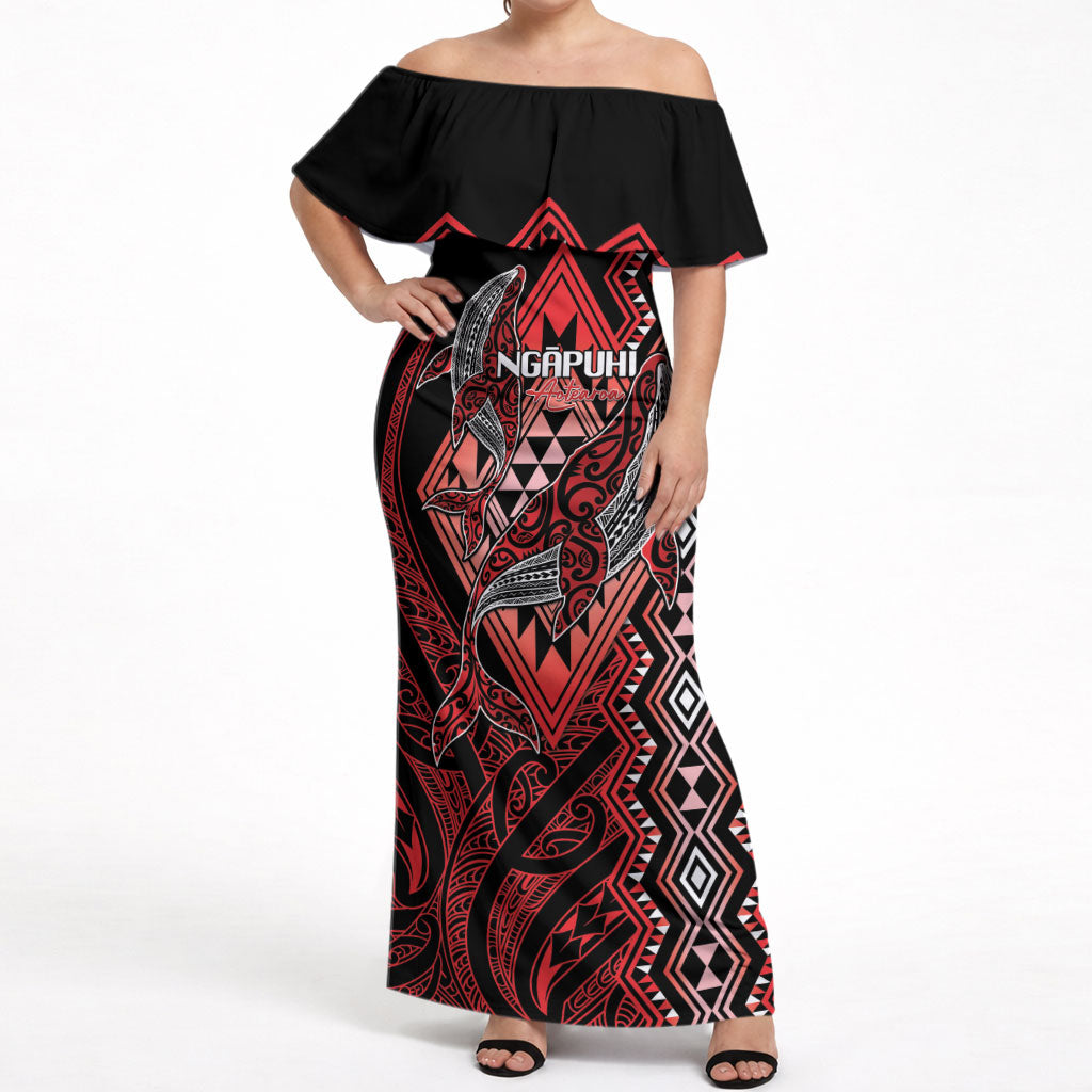 Aotearoa Iwi Ngapuhi Personalised Off Shoulder Maxi Dress NZ Maori Humpback Whale Taniko Motifs LT14 Women Red - Polynesian Pride
