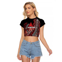 Aotearoa Iwi Ngapuhi Personalised Raglan Cropped T Shirt NZ Maori Humpback Whale Taniko Motifs LT14 Female Red - Polynesian Pride