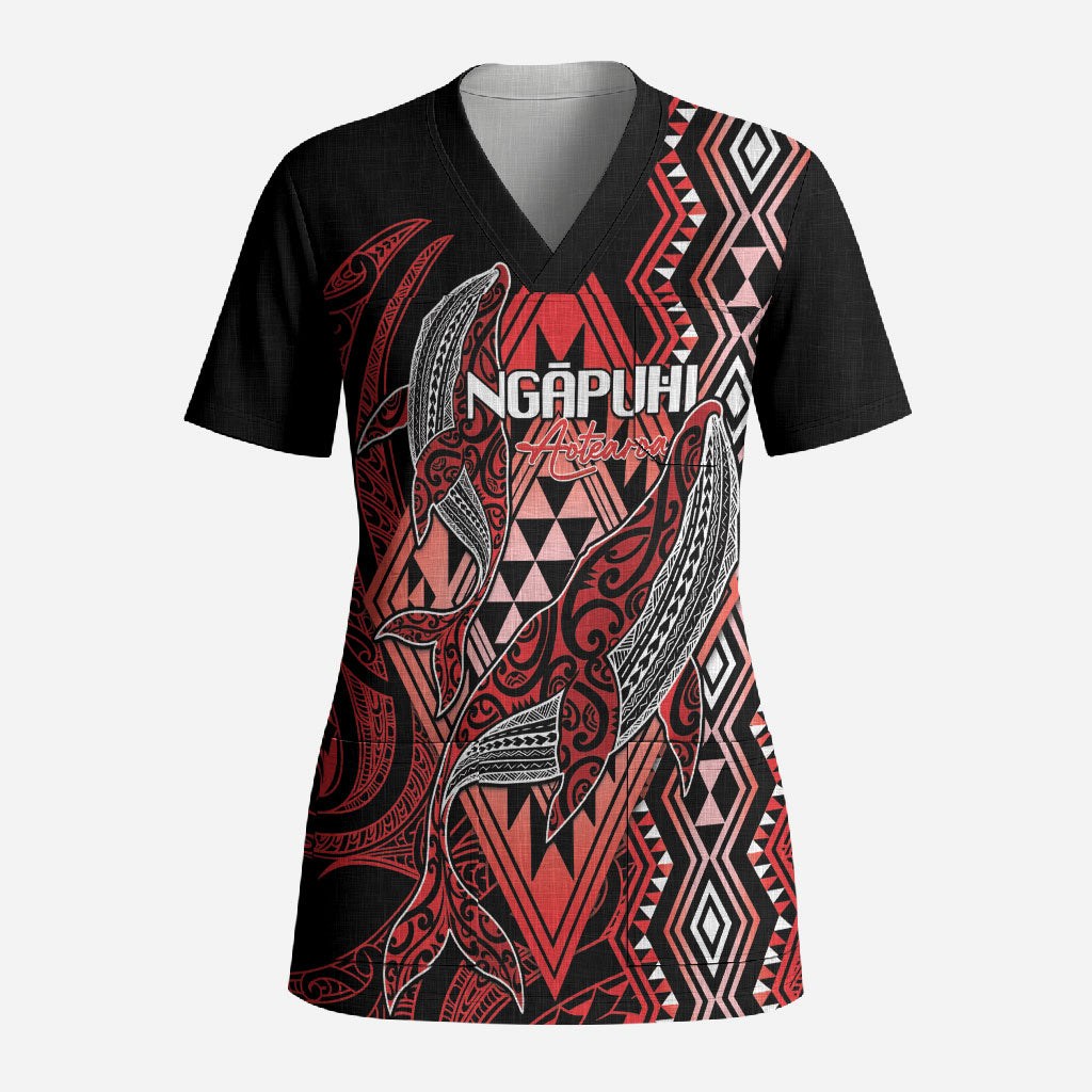 Aotearoa Iwi Ngapuhi Personalised Scrub Top NZ Maori Humpback Whale Taniko Motifs LT14 Adult Red - Polynesian Pride