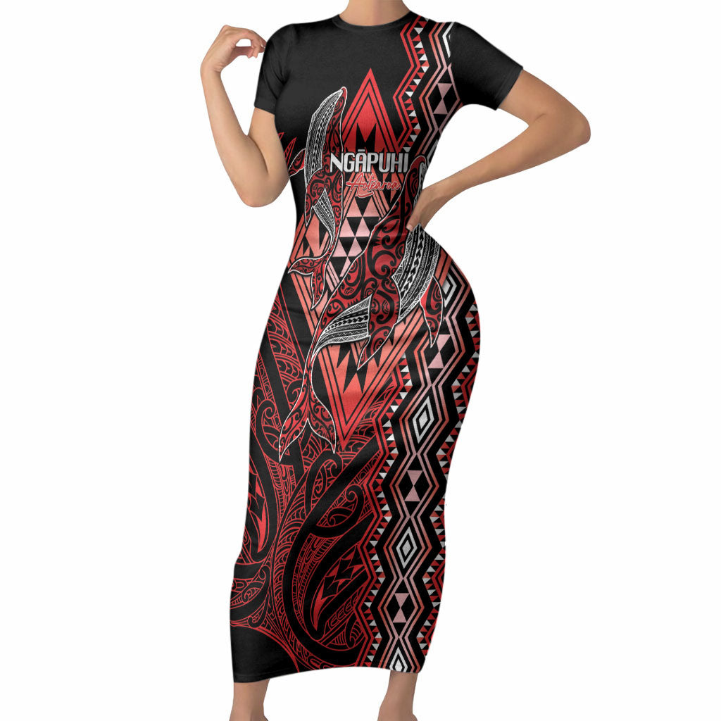 Aotearoa Iwi Ngapuhi Personalised Short Sleeve Bodycon Dress NZ Maori Humpback Whale Taniko Motifs LT14 Long Dress Red - Polynesian Pride