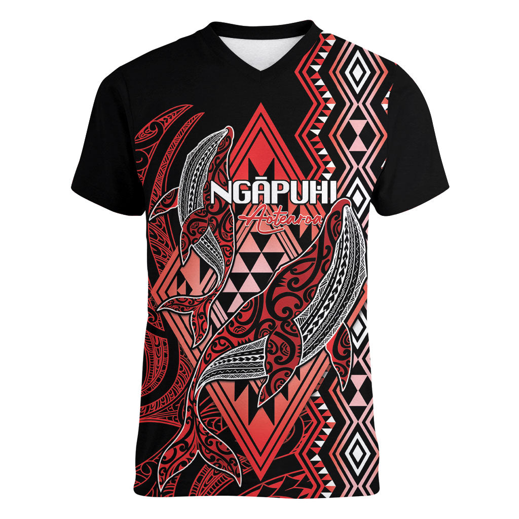 Aotearoa Iwi Ngapuhi Personalised Women V-Neck T-Shirt NZ Maori Humpback Whale Taniko Motifs LT14 Female Red - Polynesian Pride