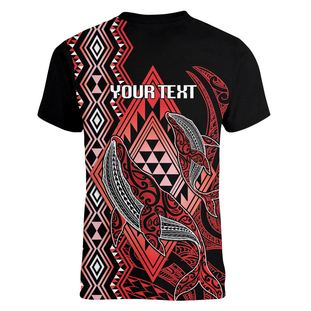 Aotearoa Iwi Ngapuhi Personalised Women V-Neck T-Shirt NZ Maori Humpback Whale Taniko Motifs LT14 - Polynesian Pride