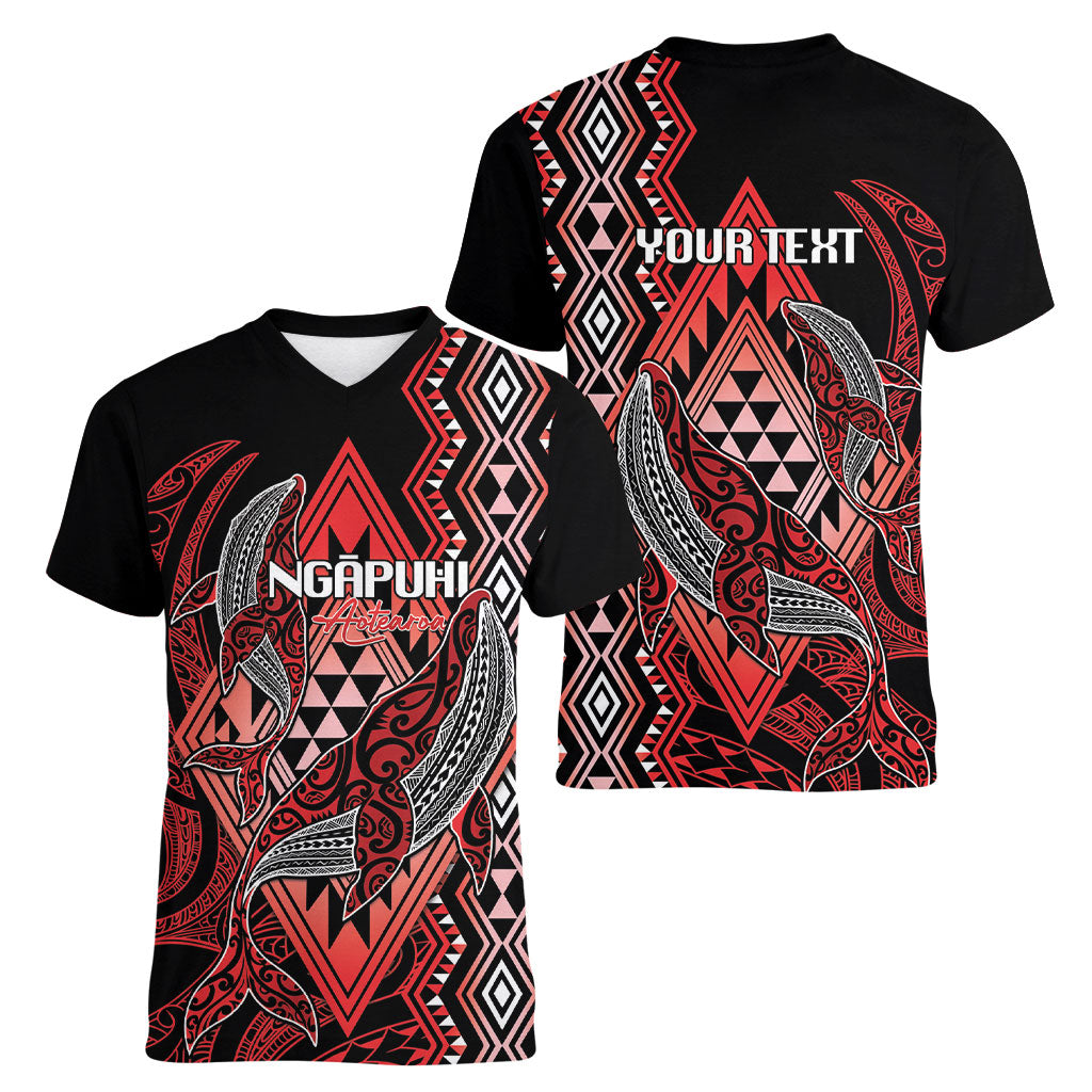 Aotearoa Iwi Ngapuhi Personalised Women V-Neck T-Shirt NZ Maori Humpback Whale Taniko Motifs LT14 - Polynesian Pride