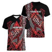 Aotearoa Iwi Ngapuhi Personalised Women V-Neck T-Shirt NZ Maori Humpback Whale Taniko Motifs LT14 - Polynesian Pride