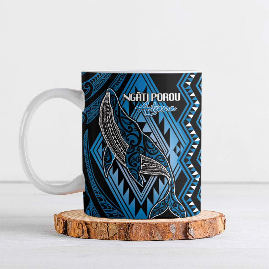 Aotearoa Iwi Ngati Porou Personalised Ceramic Mug NZ Maori Humpback Whale Taniko Motifs LT14 Blue - Polynesian Pride