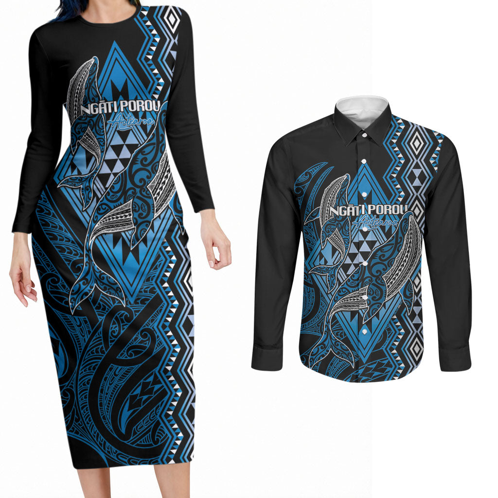 Aotearoa Iwi Ngati Porou Personalised Couples Matching Long Sleeve Bodycon Dress and Long Sleeve Button Shirt NZ Maori Humpback Whale Taniko Motifs LT14 Blue - Polynesian Pride