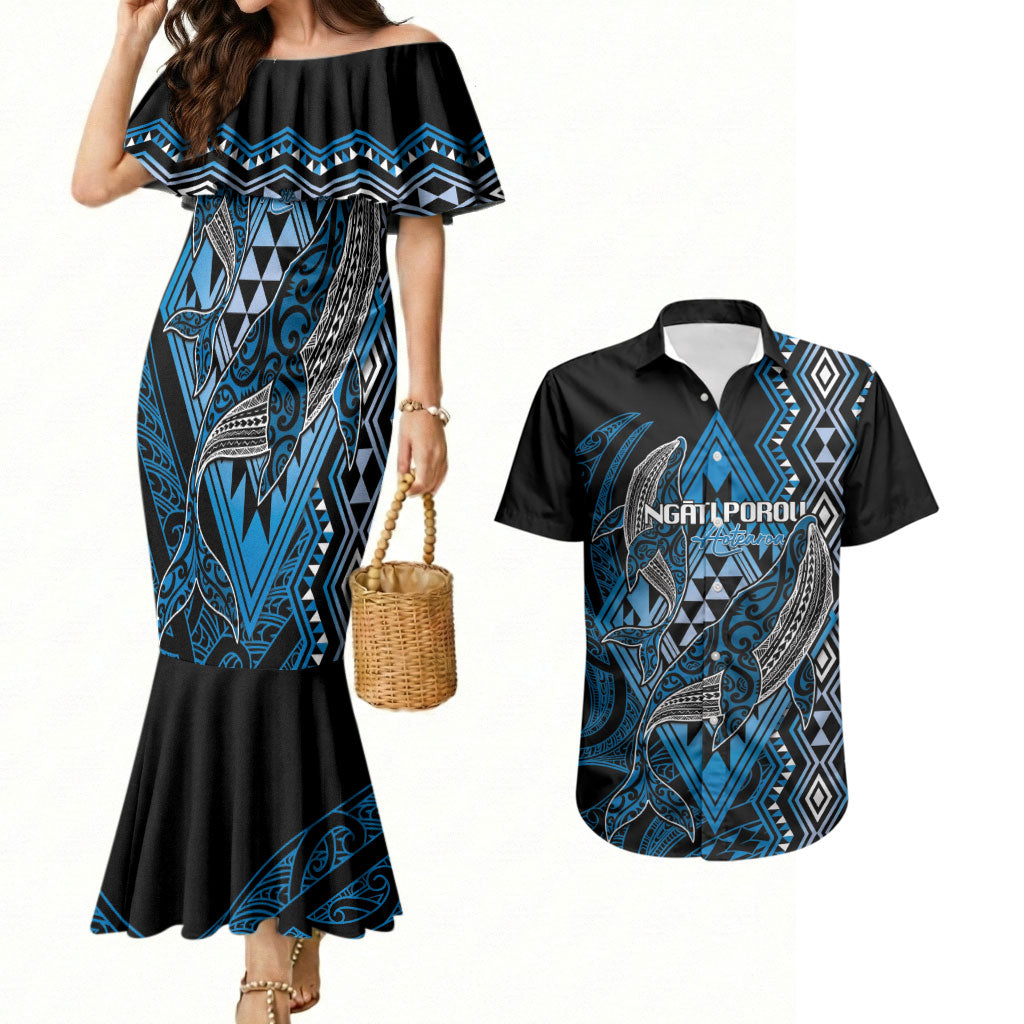 Aotearoa Iwi Ngati Porou Personalised Couples Matching Mermaid Dress and Hawaiian Shirt NZ Maori Humpback Whale Taniko Motifs LT14 Blue - Polynesian Pride