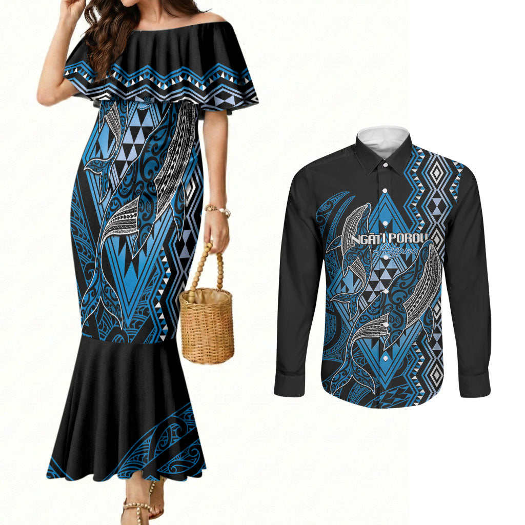 Aotearoa Iwi Ngati Porou Personalised Couples Matching Mermaid Dress and Long Sleeve Button Shirt NZ Maori Humpback Whale Taniko Motifs LT14 Blue - Polynesian Pride