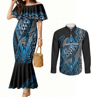 Aotearoa Iwi Ngati Porou Personalised Couples Matching Mermaid Dress and Long Sleeve Button Shirt NZ Maori Humpback Whale Taniko Motifs LT14 Blue - Polynesian Pride