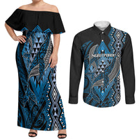 Aotearoa Iwi Ngati Porou Personalised Couples Matching Off Shoulder Maxi Dress and Long Sleeve Button Shirt NZ Maori Humpback Whale Taniko Motifs LT14 Blue - Polynesian Pride