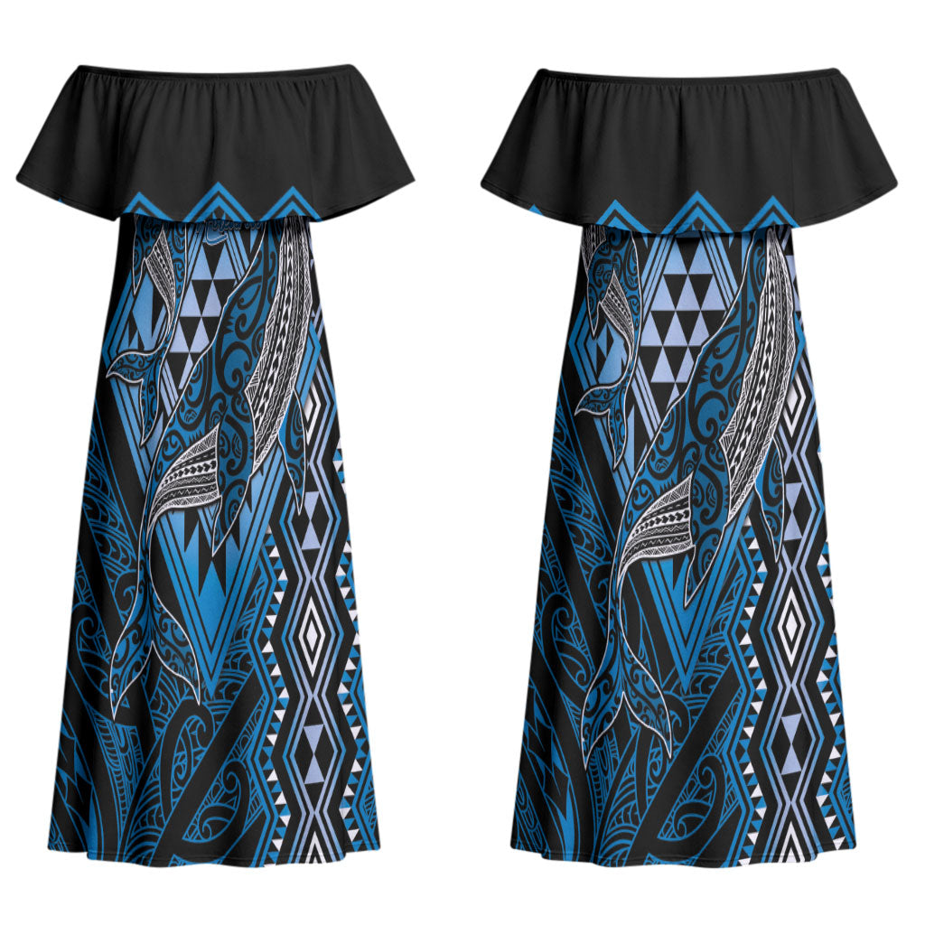Aotearoa Iwi Ngati Porou Personalised Couples Matching Off Shoulder Maxi Dress and Long Sleeve Button Shirt NZ Maori Humpback Whale Taniko Motifs LT14 - Polynesian Pride