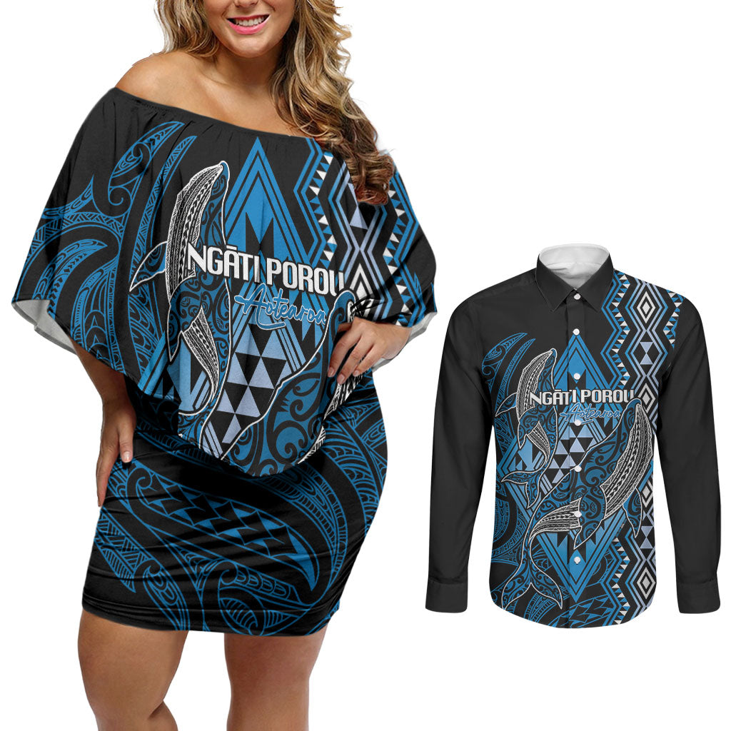 Aotearoa Iwi Ngati Porou Personalised Couples Matching Off Shoulder Short Dress and Long Sleeve Button Shirt NZ Maori Humpback Whale Taniko Motifs LT14 Blue - Polynesian Pride