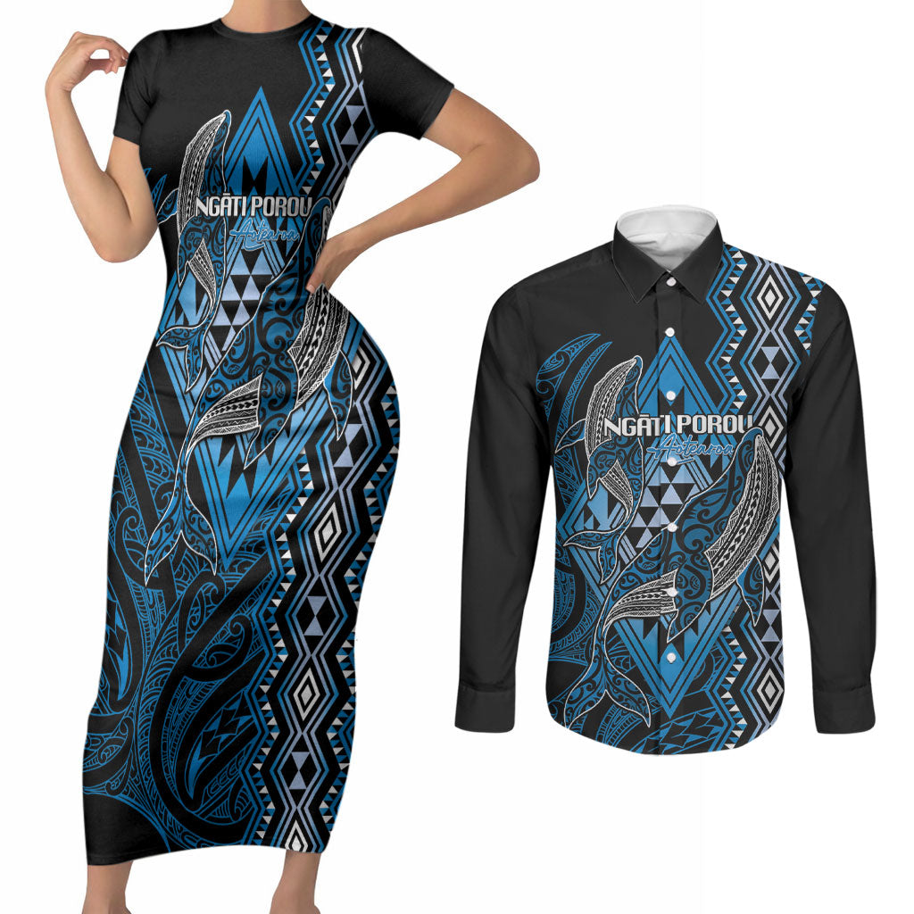 Aotearoa Iwi Ngati Porou Personalised Couples Matching Short Sleeve Bodycon Dress and Long Sleeve Button Shirt NZ Maori Humpback Whale Taniko Motifs LT14 Blue - Polynesian Pride