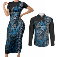 Aotearoa Iwi Ngati Porou Personalised Couples Matching Short Sleeve Bodycon Dress and Long Sleeve Button Shirt NZ Maori Humpback Whale Taniko Motifs LT14 Blue - Polynesian Pride