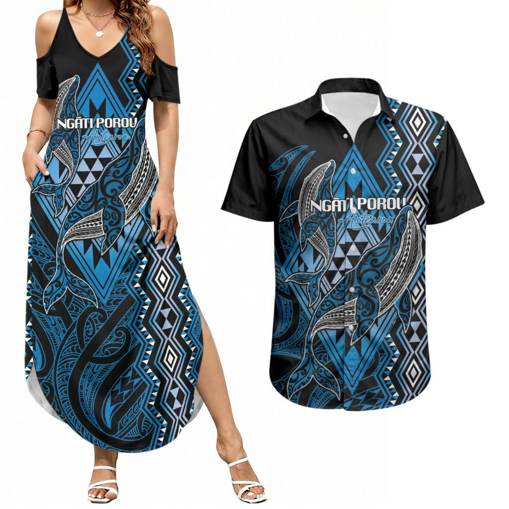 Aotearoa Iwi Ngati Porou Personalised Couples Matching Summer Maxi Dress and Hawaiian Shirt NZ Maori Humpback Whale Taniko Motifs LT14 Blue - Polynesian Pride