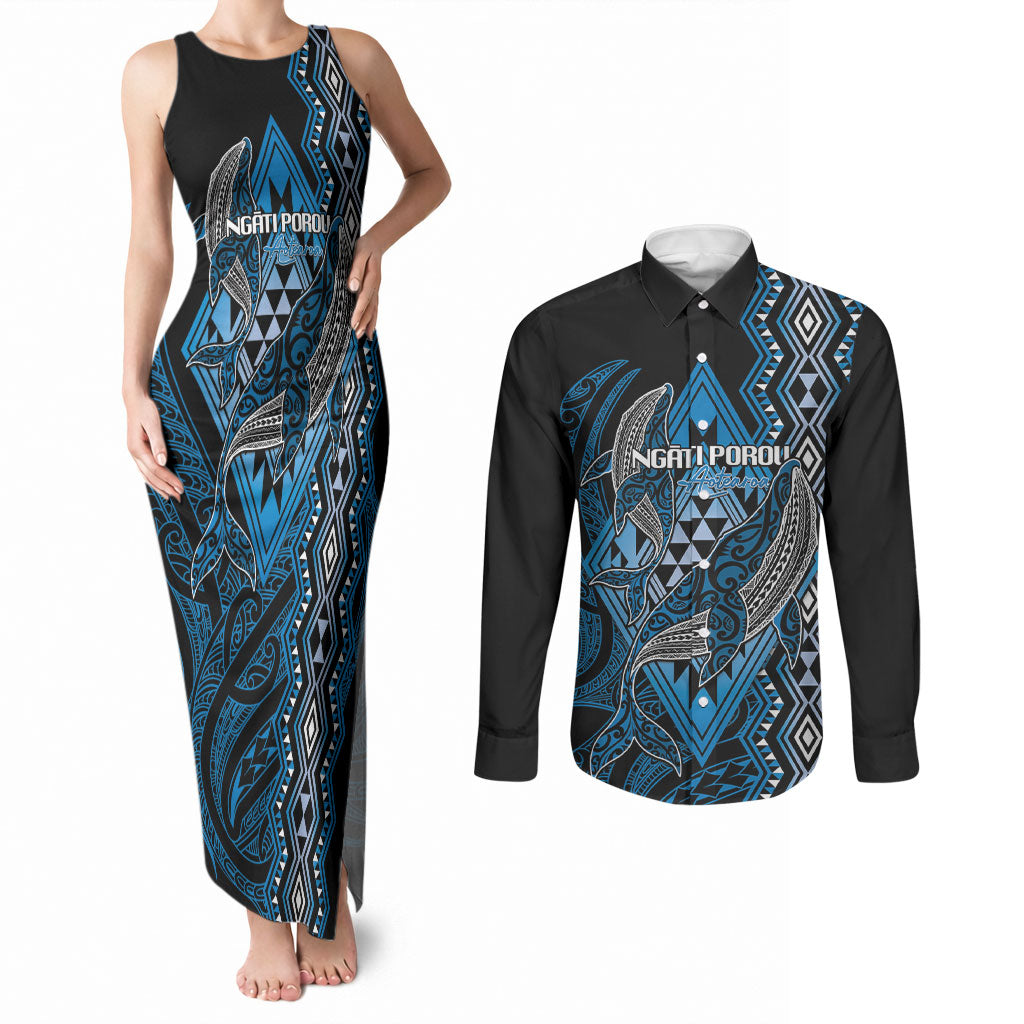 Aotearoa Iwi Ngati Porou Personalised Couples Matching Tank Maxi Dress and Long Sleeve Button Shirt NZ Maori Humpback Whale Taniko Motifs LT14 Blue - Polynesian Pride
