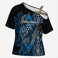 Aotearoa Iwi Ngati Porou Personalised Cross Shoulder Shirt NZ Maori Humpback Whale Taniko Motifs LT14 Female Blue - Polynesian Pride