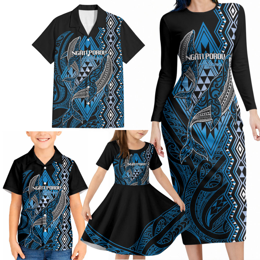 Aotearoa Iwi Ngati Porou Personalised Family Matching Long Sleeve Bodycon Dress and Hawaiian Shirt NZ Maori Humpback Whale Taniko Motifs LT14 - Polynesian Pride
