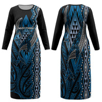 Aotearoa Iwi Ngati Porou Personalised Family Matching Long Sleeve Bodycon Dress and Hawaiian Shirt NZ Maori Humpback Whale Taniko Motifs LT14 Mom's Dress Blue - Polynesian Pride