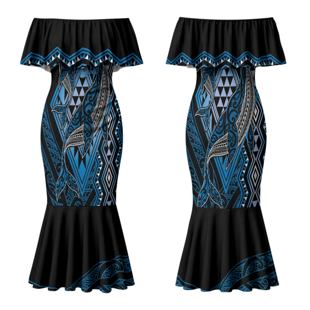 Aotearoa Iwi Ngati Porou Personalised Family Matching Mermaid Dress and Hawaiian Shirt NZ Maori Humpback Whale Taniko Motifs LT14 Mom's Dress Blue - Polynesian Pride
