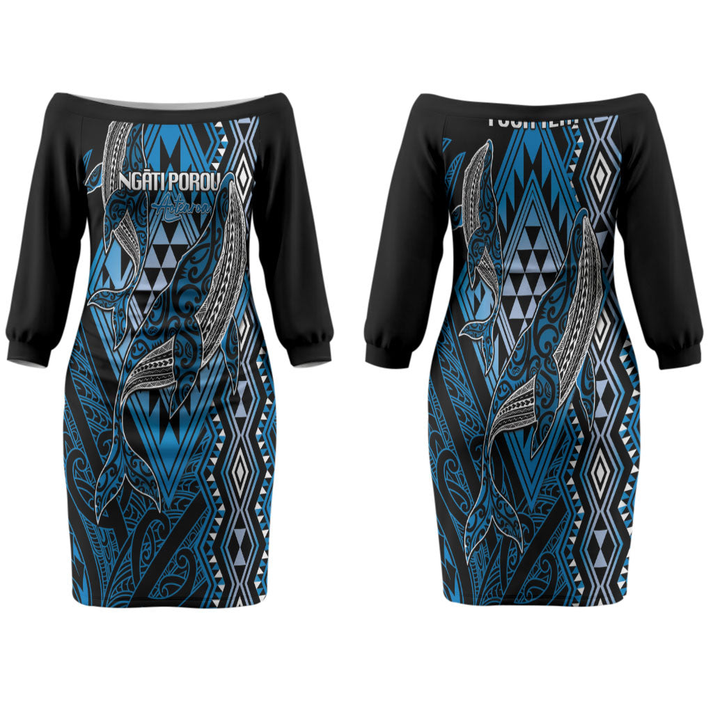 Aotearoa Iwi Ngati Porou Personalised Family Matching Off The Shoulder Long Sleeve Dress and Hawaiian Shirt NZ Maori Humpback Whale Taniko Motifs LT14 Mom's Dress Blue - Polynesian Pride