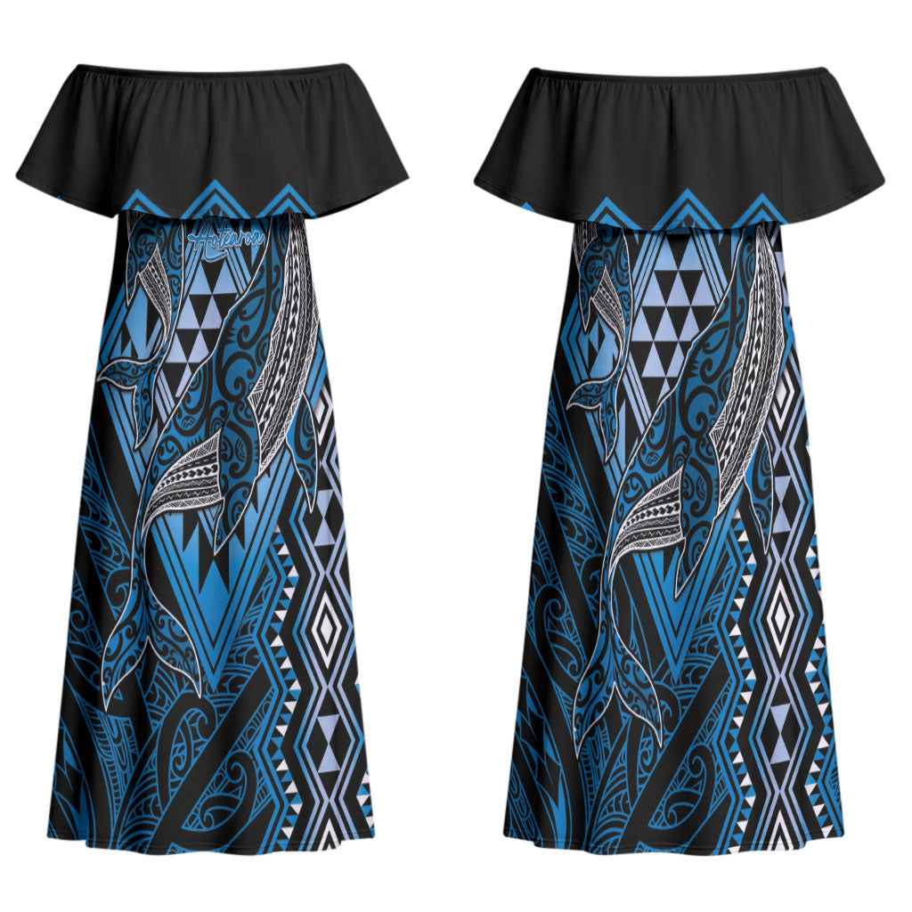 Aotearoa Iwi Ngati Porou Personalised Family Matching Off Shoulder Maxi Dress and Hawaiian Shirt NZ Maori Humpback Whale Taniko Motifs LT14 Mom's Dress Blue - Polynesian Pride