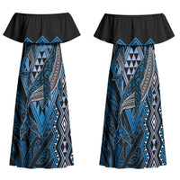 Aotearoa Iwi Ngati Porou Personalised Family Matching Off Shoulder Maxi Dress and Hawaiian Shirt NZ Maori Humpback Whale Taniko Motifs LT14 Mom's Dress Blue - Polynesian Pride