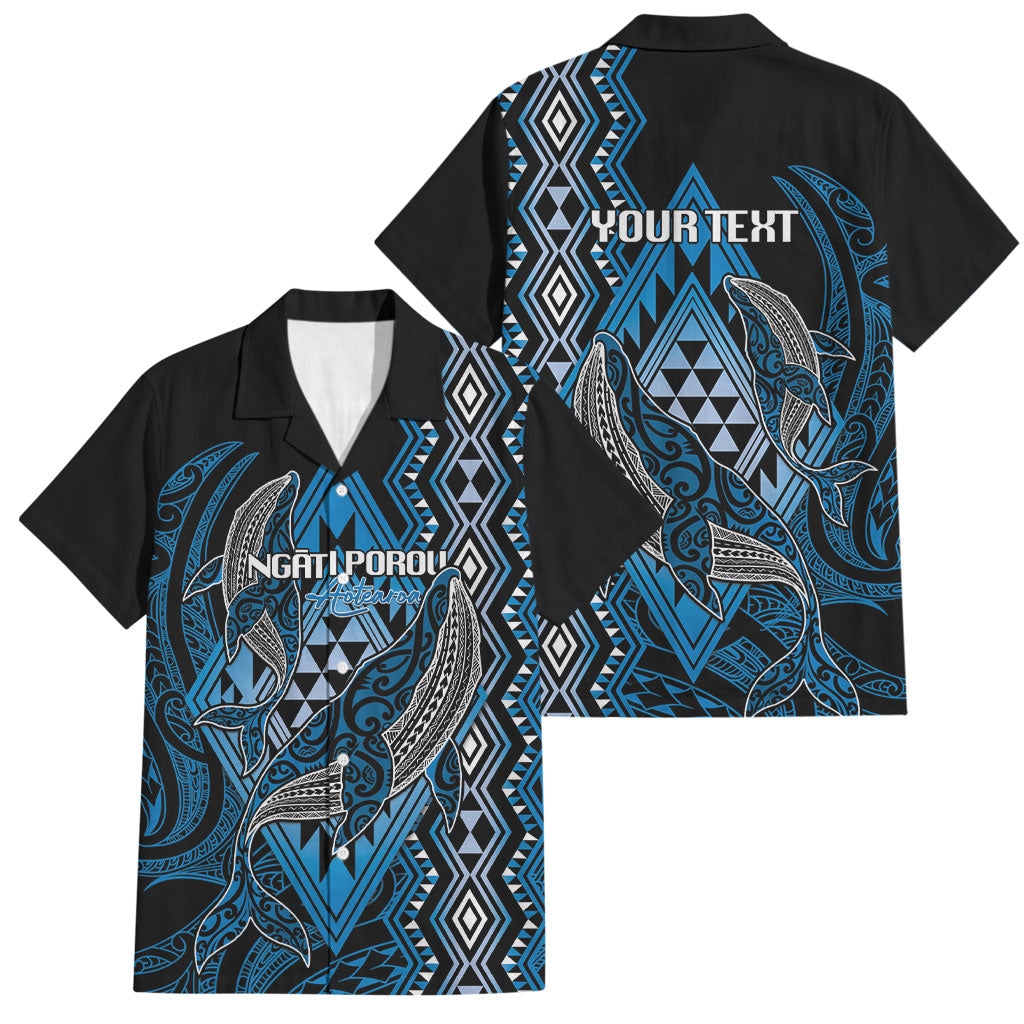 Aotearoa Iwi Ngati Porou Personalised Family Matching Off Shoulder Maxi Dress and Hawaiian Shirt NZ Maori Humpback Whale Taniko Motifs LT14 Dad's Shirt - Short Sleeve Blue - Polynesian Pride
