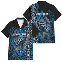 Aotearoa Iwi Ngati Porou Personalised Family Matching Off Shoulder Maxi Dress and Hawaiian Shirt NZ Maori Humpback Whale Taniko Motifs LT14 Dad's Shirt - Short Sleeve Blue - Polynesian Pride