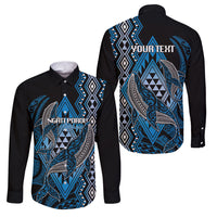 Aotearoa Iwi Ngati Porou Personalised Family Matching Off Shoulder Maxi Dress and Hawaiian Shirt NZ Maori Humpback Whale Taniko Motifs LT14 Dad's Shirt - Long Sleeve Blue - Polynesian Pride