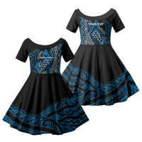 Aotearoa Iwi Ngati Porou Personalised Family Matching Off Shoulder Maxi Dress and Hawaiian Shirt NZ Maori Humpback Whale Taniko Motifs LT14 Daughter's Dress Blue - Polynesian Pride