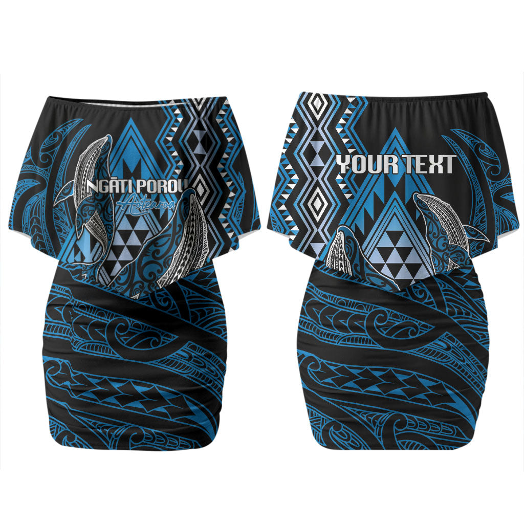 Aotearoa Iwi Ngati Porou Personalised Family Matching Off Shoulder Short Dress and Hawaiian Shirt NZ Maori Humpback Whale Taniko Motifs LT14 Mom's Dress Blue - Polynesian Pride
