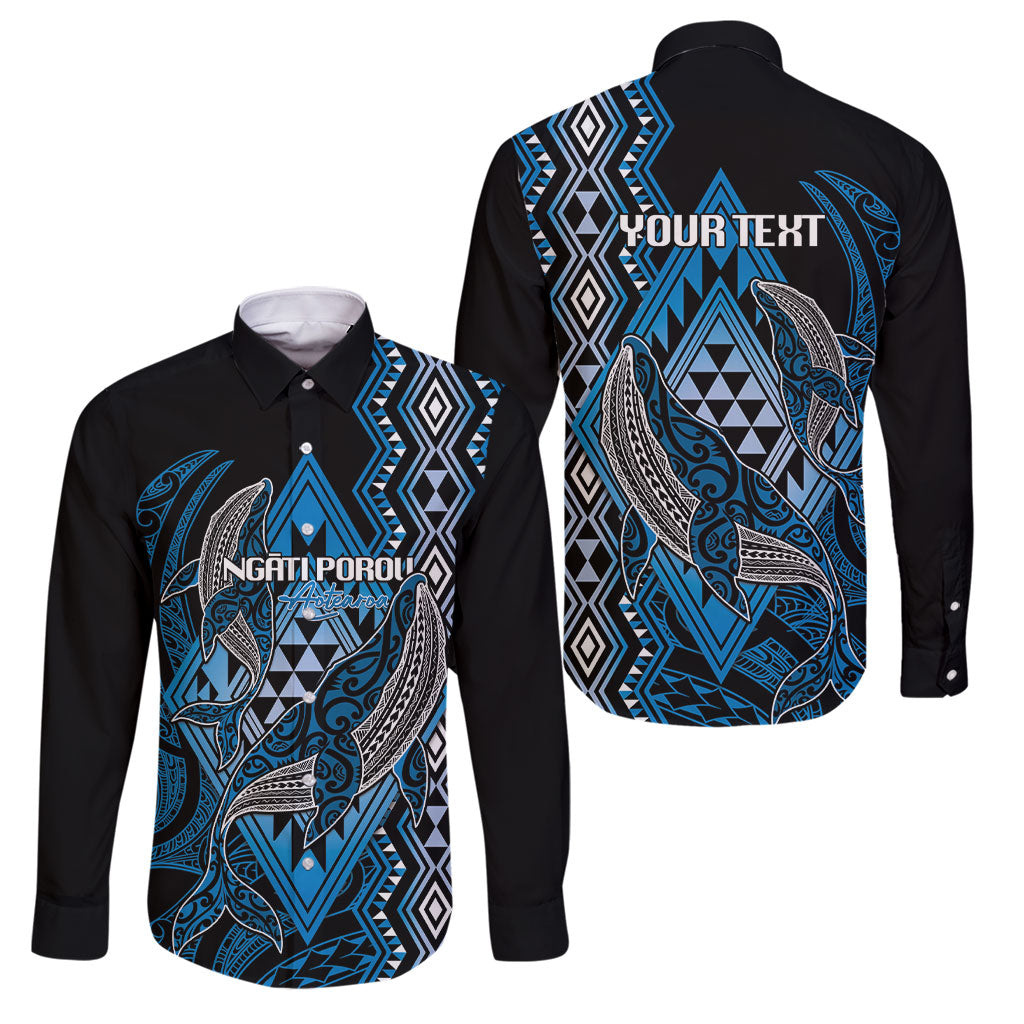 Aotearoa Iwi Ngati Porou Personalised Family Matching Off Shoulder Short Dress and Hawaiian Shirt NZ Maori Humpback Whale Taniko Motifs LT14 Dad's Shirt - Long Sleeve Blue - Polynesian Pride
