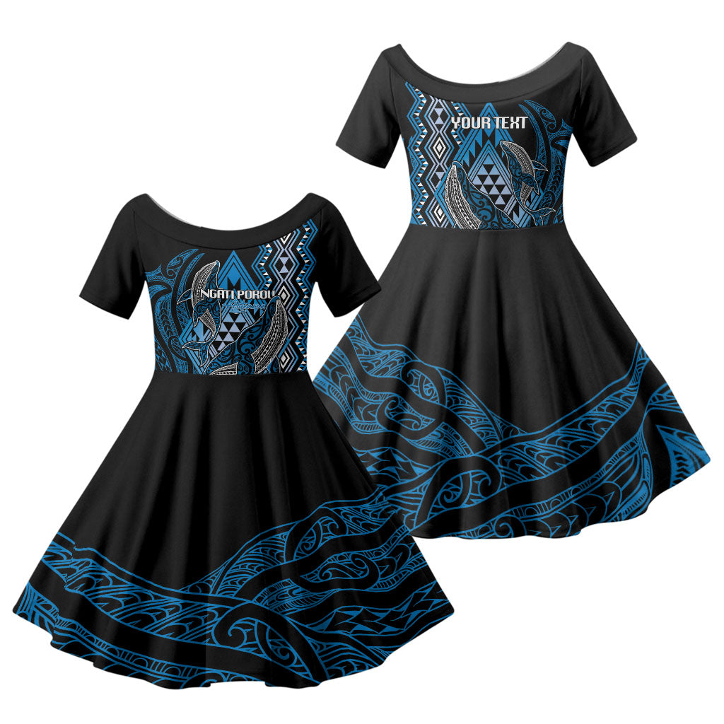 Aotearoa Iwi Ngati Porou Personalised Family Matching Off Shoulder Short Dress and Hawaiian Shirt NZ Maori Humpback Whale Taniko Motifs LT14 Daughter's Dress Blue - Polynesian Pride