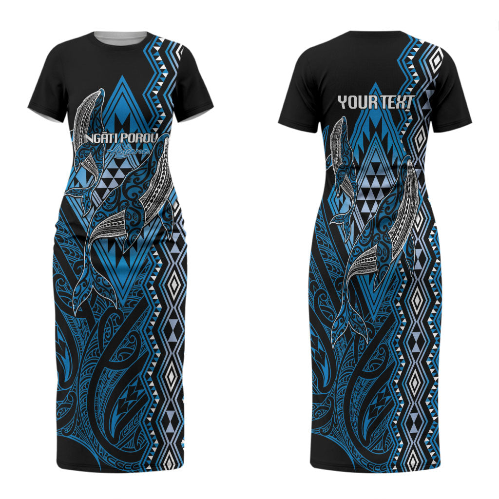 Aotearoa Iwi Ngati Porou Personalised Family Matching Short Sleeve Bodycon Dress and Hawaiian Shirt NZ Maori Humpback Whale Taniko Motifs LT14 Mom's Dress Blue - Polynesian Pride