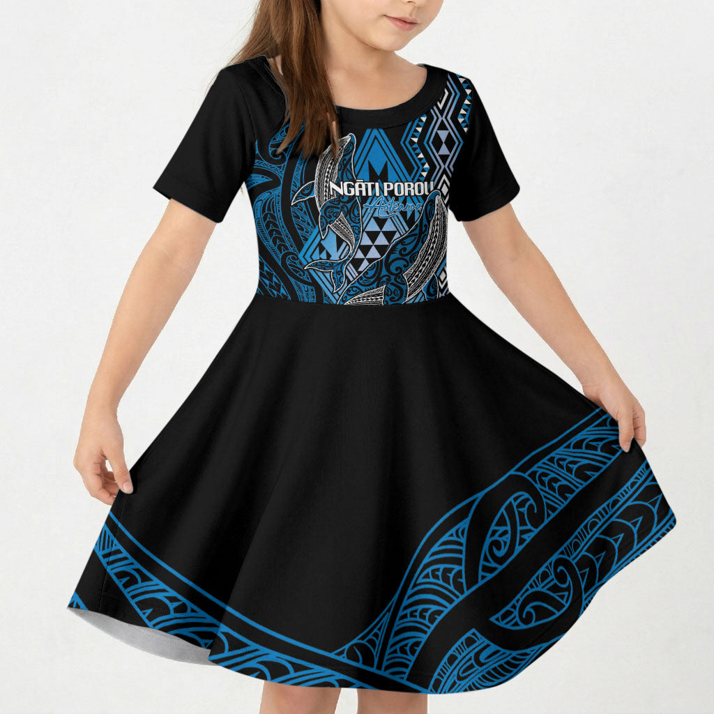 Aotearoa Iwi Ngati Porou Personalised Kid Short Sleeve Dress NZ Maori Humpback Whale Taniko Motifs LT14 KID Blue - Polynesian Pride