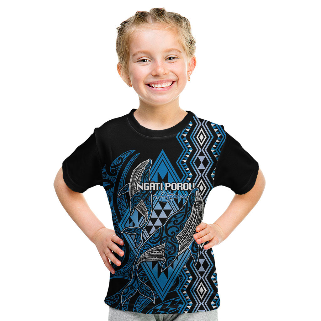 Aotearoa Iwi Ngati Porou Personalised Kid T Shirt NZ Maori Humpback Whale Taniko Motifs LT14 Blue - Polynesian Pride