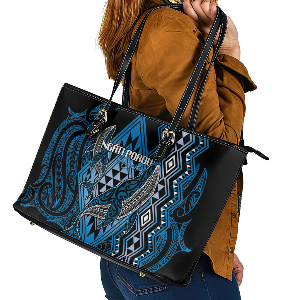 Aotearoa Iwi Ngati Porou Leather Tote Bag NZ Maori Humpback Whale Taniko Motifs LT14 - Polynesian Pride