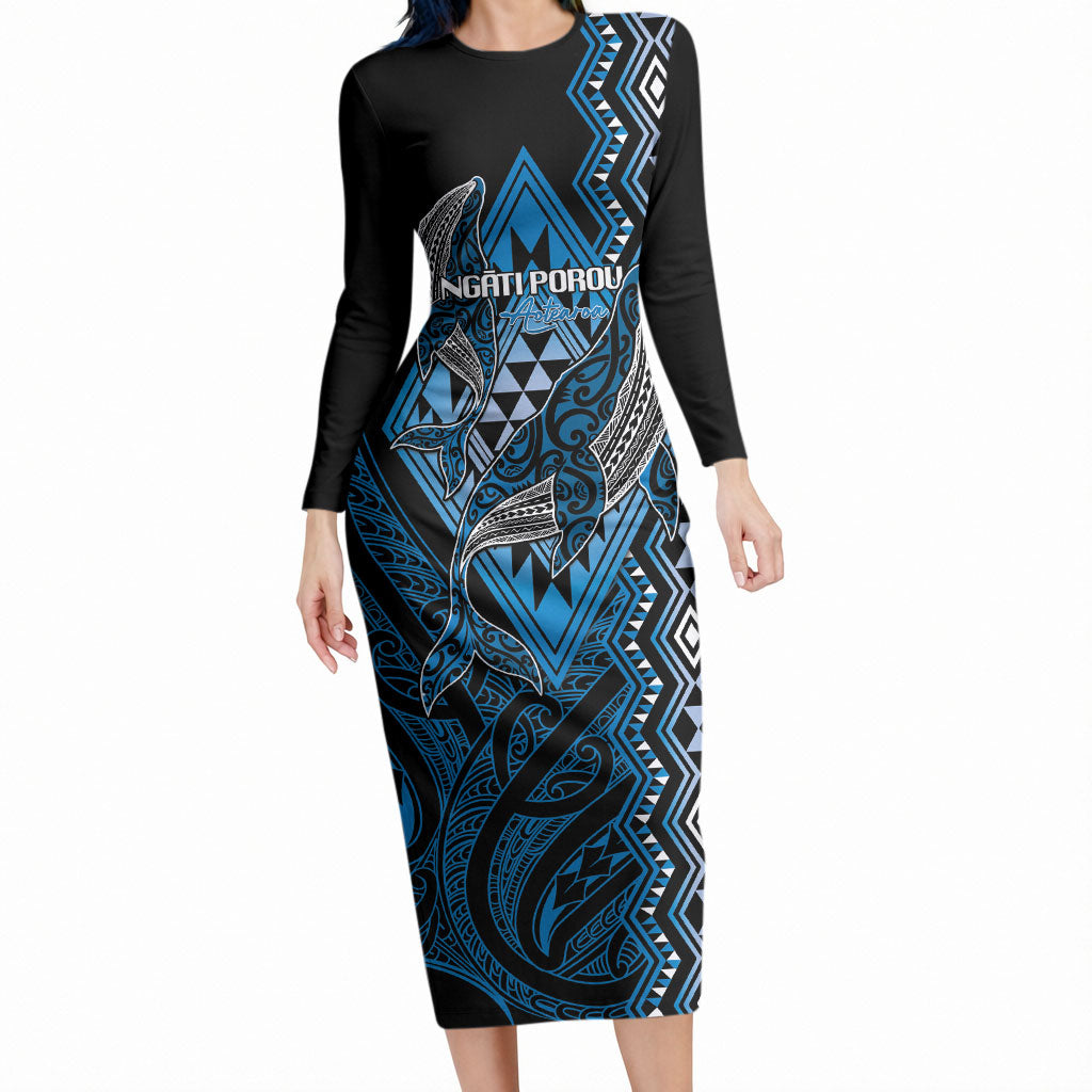 Aotearoa Iwi Ngati Porou Personalised Long Sleeve Bodycon Dress NZ Maori Humpback Whale Taniko Motifs LT14 Long Dress Blue - Polynesian Pride