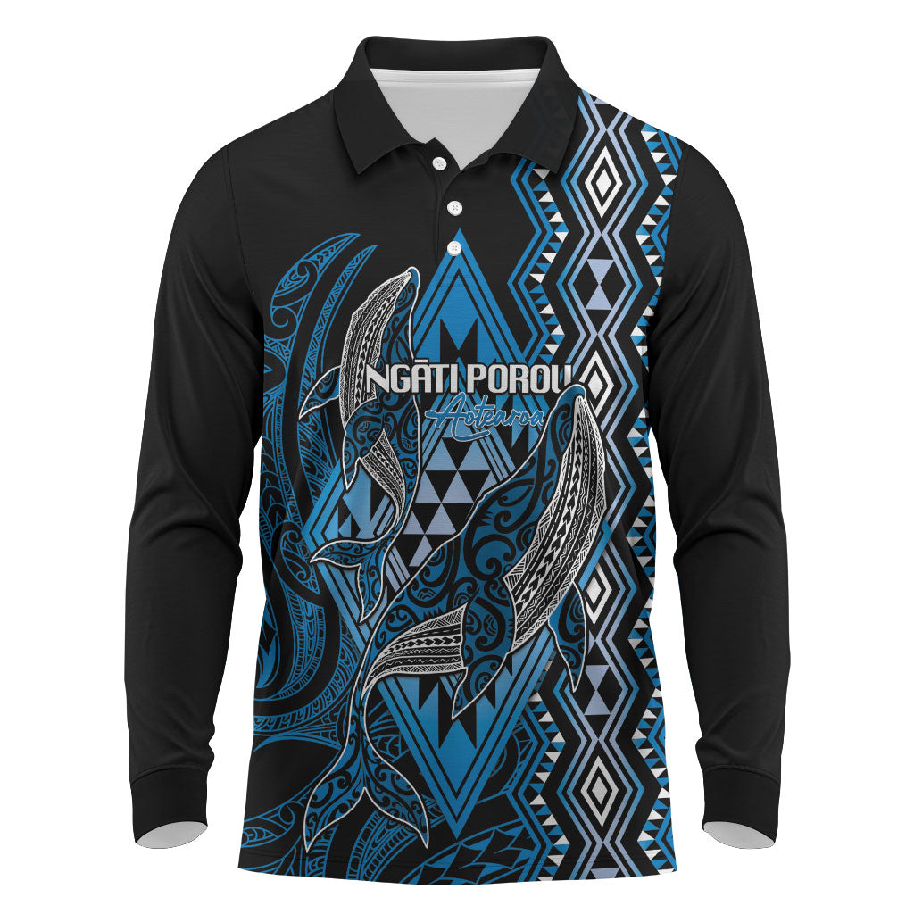 Aotearoa Iwi Ngati Porou Personalised Long Sleeve Polo Shirt NZ Maori Humpback Whale Taniko Motifs LT14 Blue - Polynesian Pride