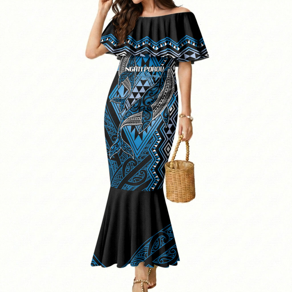 Aotearoa Iwi Ngati Porou Personalised Mermaid Dress NZ Maori Humpback Whale Taniko Motifs LT14 Women Blue - Polynesian Pride