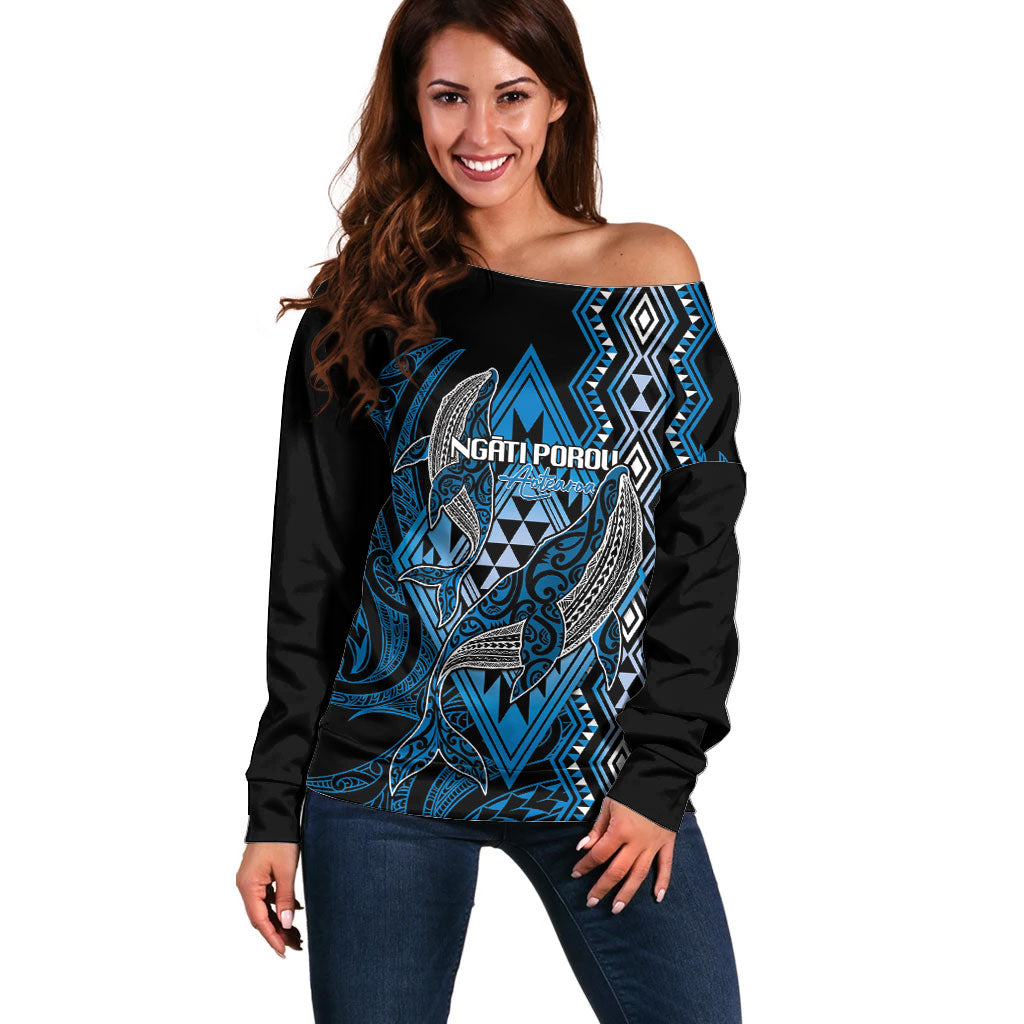 Aotearoa Iwi Ngati Porou Personalised Off Shoulder Sweater NZ Maori Humpback Whale Taniko Motifs LT14 Women Blue - Polynesian Pride