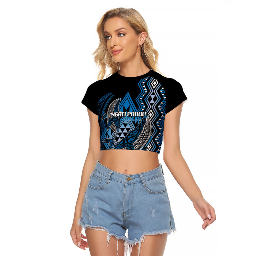 Aotearoa Iwi Ngati Porou Personalised Raglan Cropped T Shirt NZ Maori Humpback Whale Taniko Motifs LT14 Female Blue - Polynesian Pride