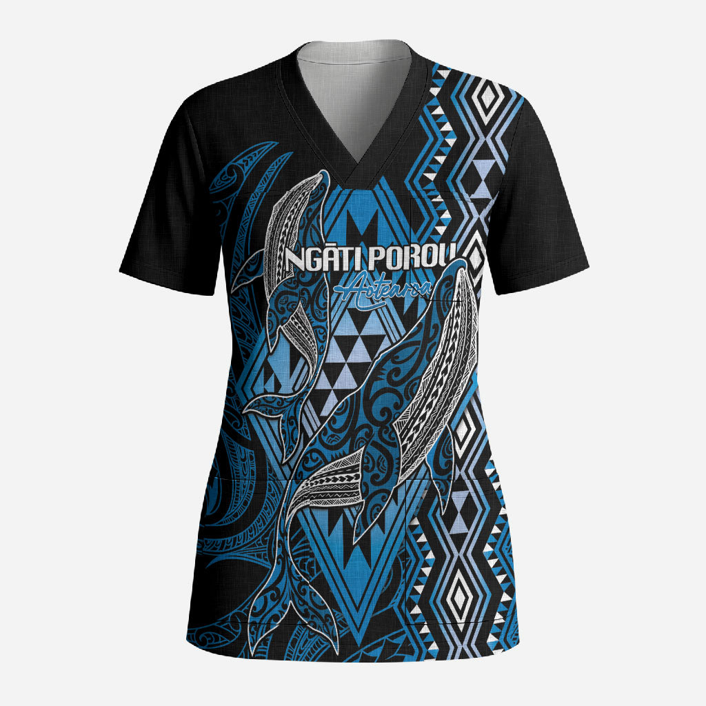 Aotearoa Iwi Ngati Porou Personalised Scrub Top NZ Maori Humpback Whale Taniko Motifs LT14 Adult Blue - Polynesian Pride