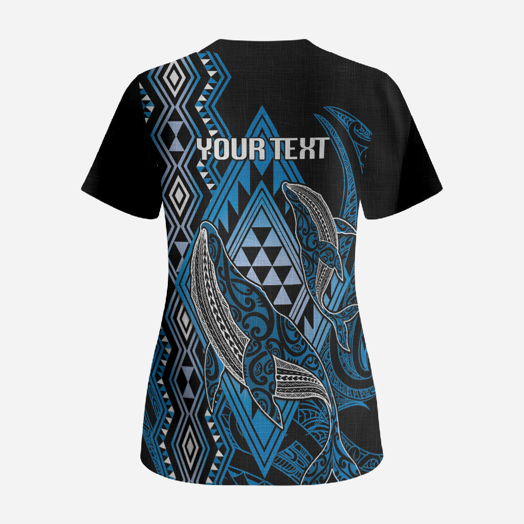 Aotearoa Iwi Ngati Porou Personalised Scrub Top NZ Maori Humpback Whale Taniko Motifs LT14 - Polynesian Pride